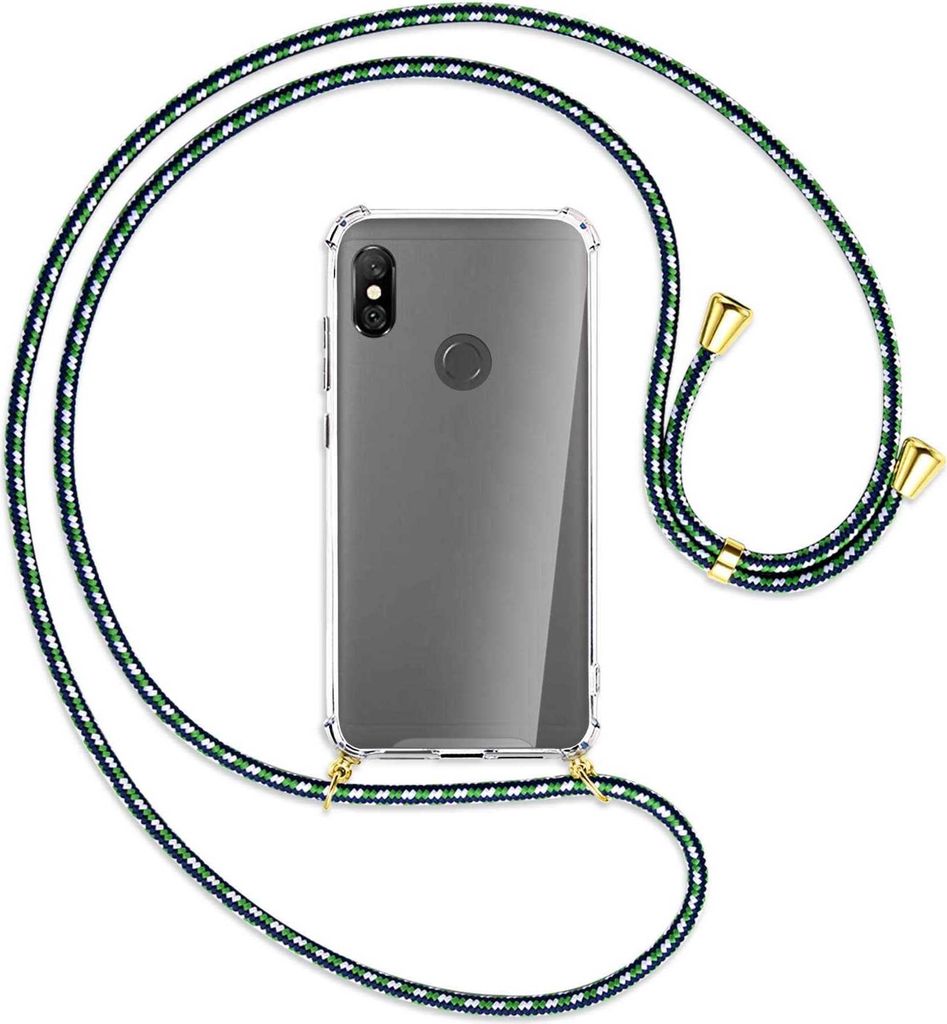 Handykette Backcover-Schutzhülle mit Band (Metall goldfarben) für Xiaomi Redmi Note 6 Pro - grün/blau/weiß