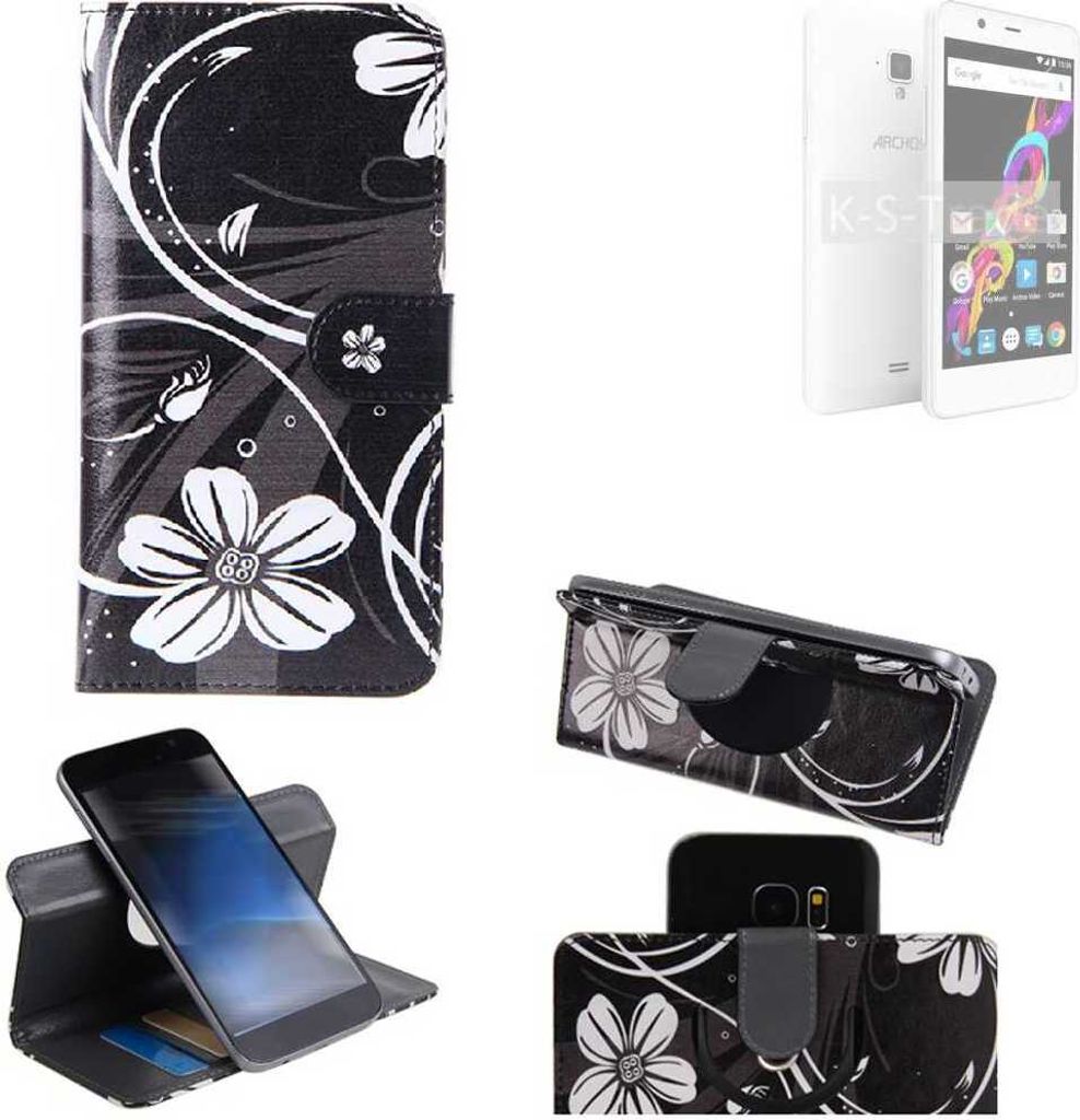 K-S-Trade Schutzhülle Handyhülle kompatibel mit Archos 50 Titanium 4G Hülle 360° Wallet Case ''Flowers'' Klapphülle Hülle schwarz-weiß 1x