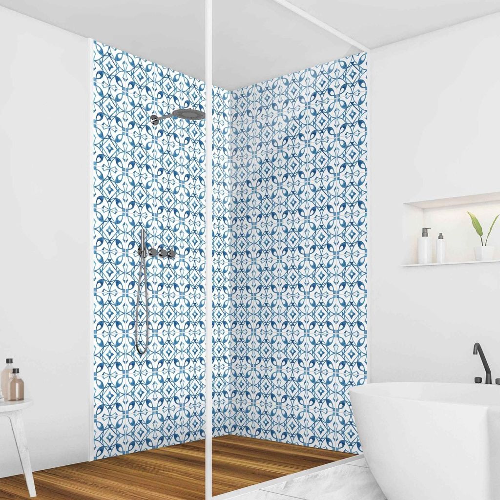 Duschrückwand Muster selbstklebend - 0.35 mm Wandpaneel wasserfest Ornament blau Fliesenoptik Badrückwand fugenlos Smart matt 80x210 cm