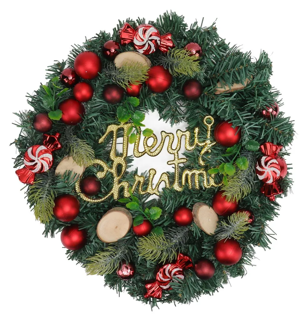 Couronne de Noël en pin synthétique ornée de sucreries rouges 40cm
