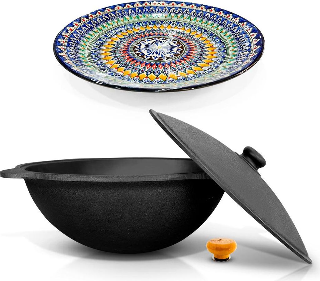 Uzbekisch Kazan Gusseisen Holzgriff 22 L Kochtopf Kasan Lagan Ø 42 cm, WOK Pfanne