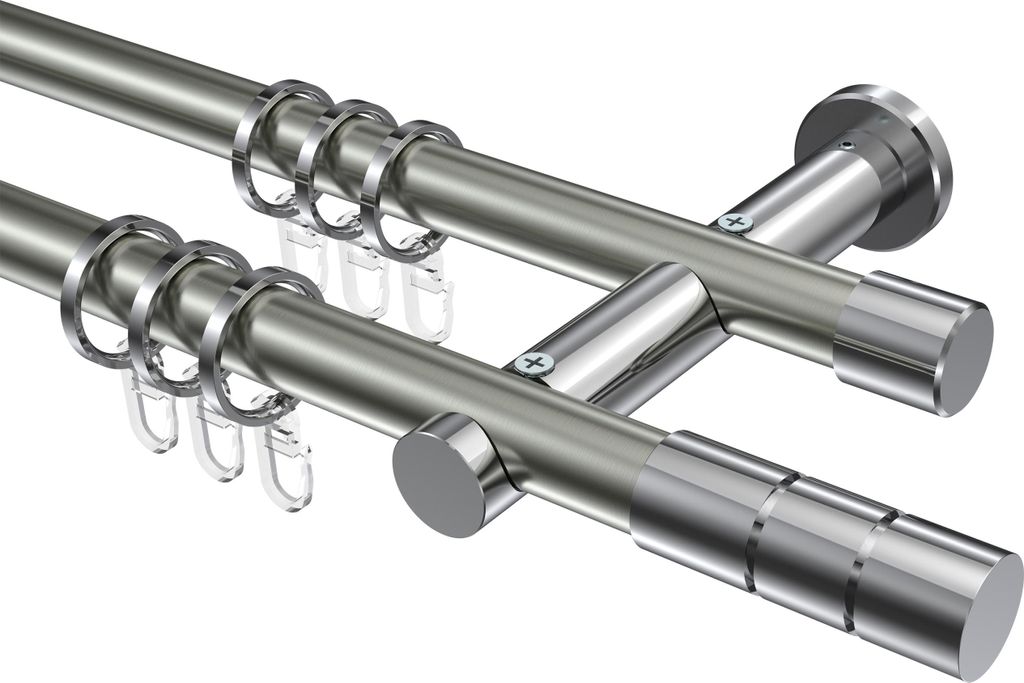 Interdeco Gardinenstange / Vorhangstange Edelstahl-Optik / Chrom, Typ Platon Elanto (Rillenzylinder), 20 mm Ø 2-läufig, 260 cm