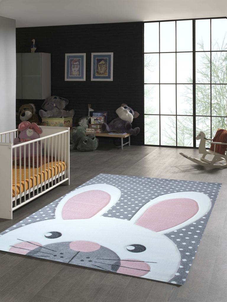 Kinderteppich Hase in Rosa Weiss Grau Größe - 120 cm Rund