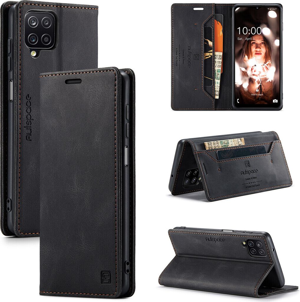 Samsung Galaxy A12 Brieftasche Hülle, Retro Kunstledertasche Stand Schutzhülle für Samsung Galaxy A12 Schwarz