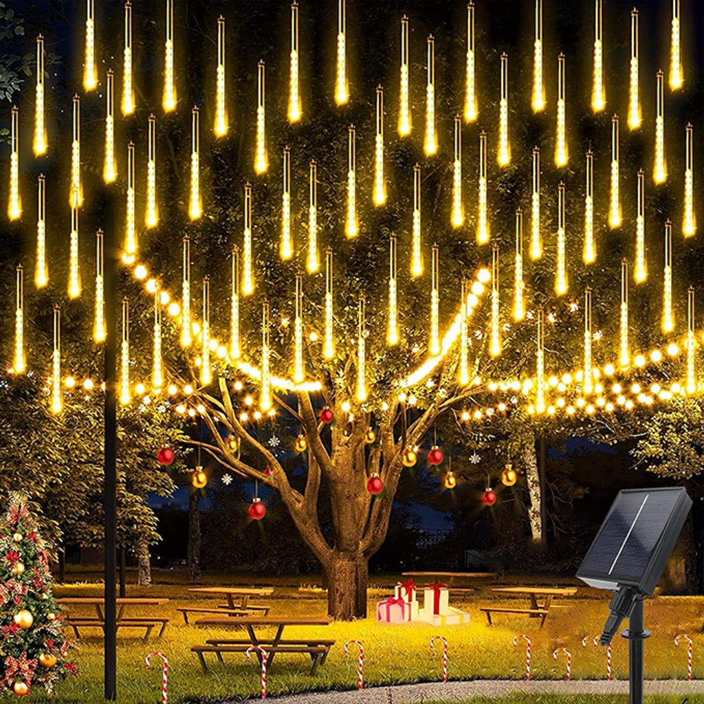 LED Solar Meteorschauer Lichterkette Wasserdicht Eiszapfen Meteor Regen Lichter Außen Garten Party Hochzeit Weihnachten Deko, 30cm 192LEDs, Warmweiß