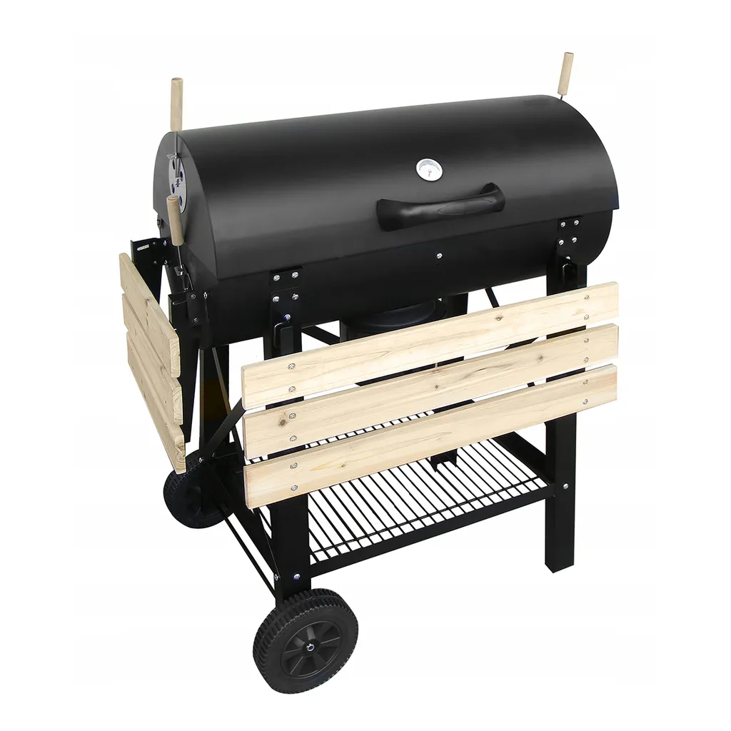 Barbecue à charbon roulant anti-fumée avec capot et rangement pratique