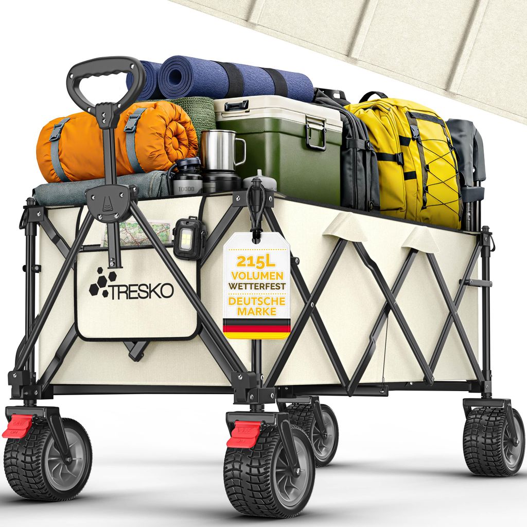 TRESKO Bollerwagen faltbar 215L mit Bremse | Handwagen klappbar 150kg inkl. Vollgummireifen | Faltbarer Strandwagen Extra Breite All-Terrain-Räd...