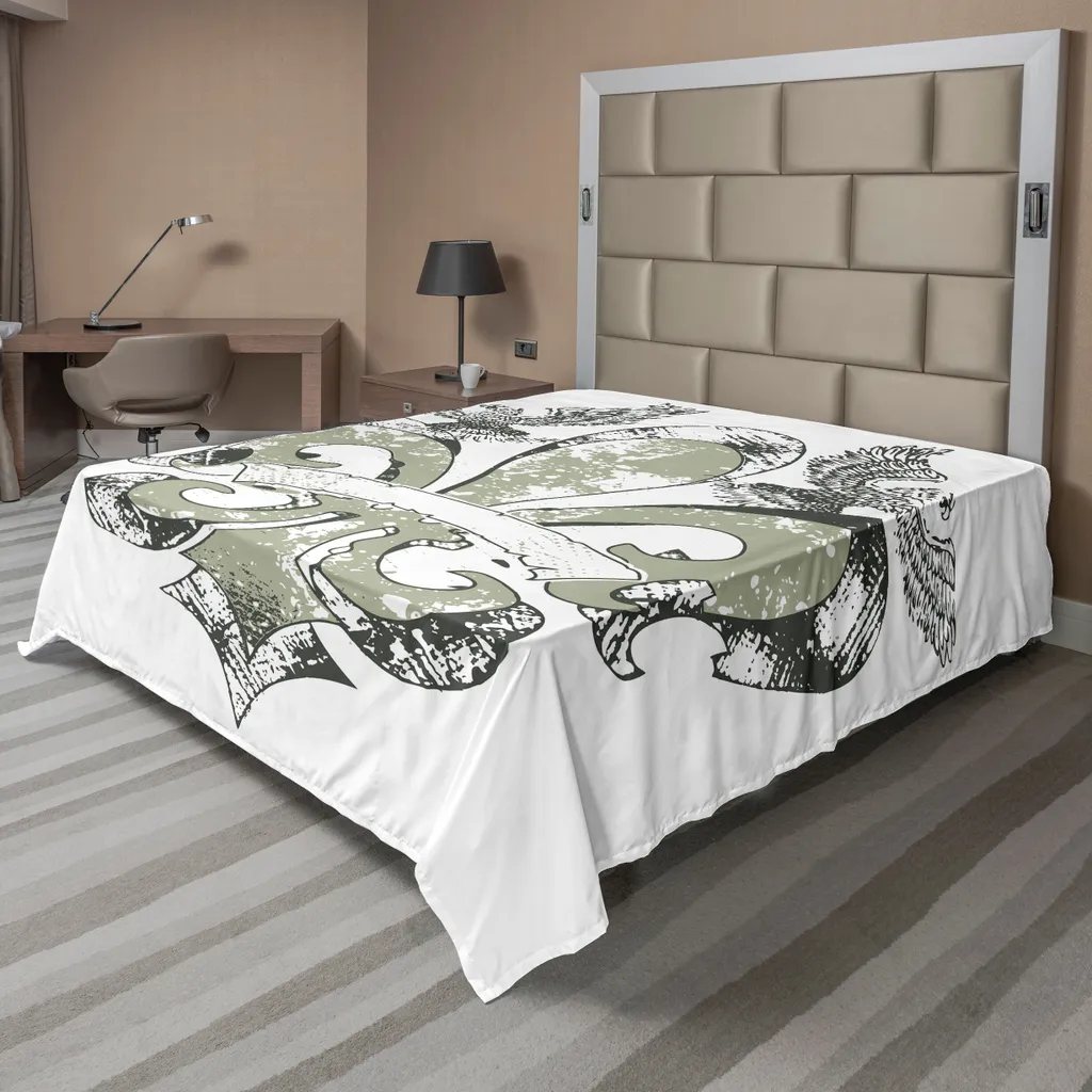 ABAKUHAUS Fleur De Lis Lenzuolo, Aquile su emblema Fleur De Lis Simbolo di energia Illustrazione creativa vittoriana, morbido e confortevole lenzuolo superiore per un letto decorativo 1 pezzo 266 cm x 260 cm, Tan Bianco