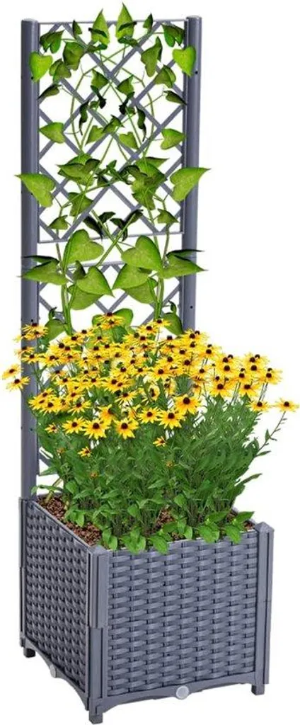Bac à fleurs gris robuste avec grille de support 40 cm x 40 cm x 136 cm