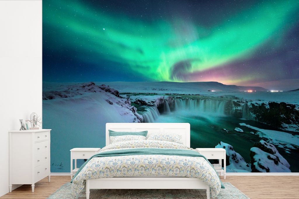 MuchoWow Fototapete für Wohnzimmer oder Schlafzimmer Wandtapete Vinyl Motivtapete Nordlichter - Schnee - Natur - Island - 420x280 cm - Zimmer f...