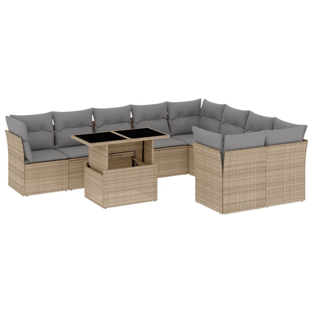 vidaXL 10-tlg. Garten-Sofagarnitur mit Kissen Beige Poly Rattan