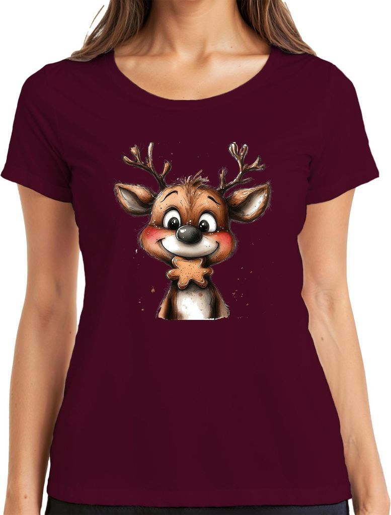 Rentier Lebkuchen Weihnachten Geschenk Kinder Niedlich Retro Damen T-Shirt, Burgundy, S