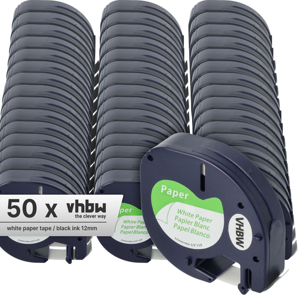 vhbw 50x Schriftband-Kassette Papier kompatibel mit Dymo LetraTag LT-100T, LT-100H Etiketten-Drucker 4m x 12mm Schwarz auf Weiß, Papier / Kunststoff