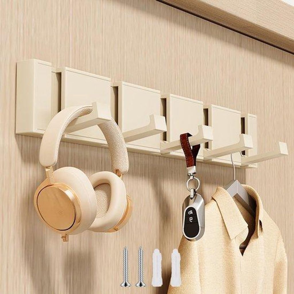 Wandkapstok, moderne zwevende kapstok met schroeven, 5 uitschuifbare haken, crèmewit, voor badkamer, slaapkamer, keuken