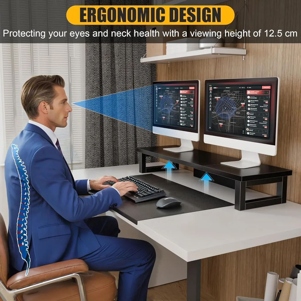 Support de moniteur double noir 91x26cm pour bureau et télétravail