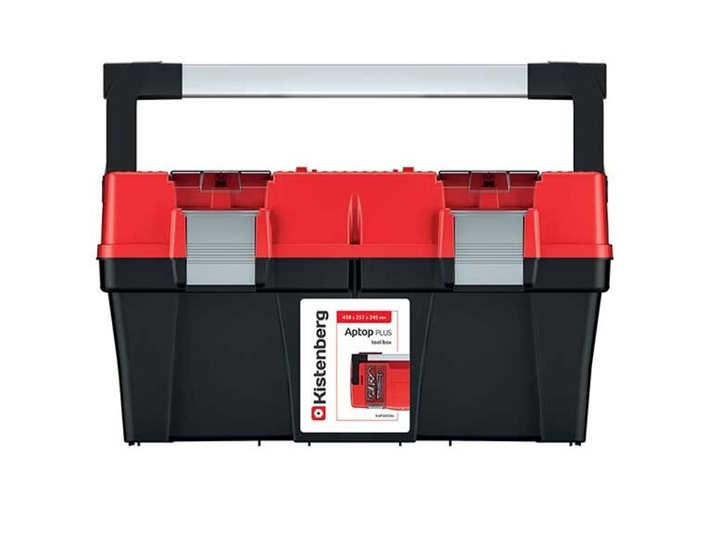 A black and red Kistenberg toolbox with a silver handle, shown from the front against a white background.