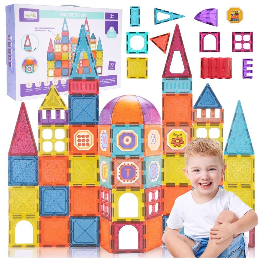 Malplay magnetische Bauklötze Bausteine für Bildungszwecke Montessori Kinder Großes Set mit 77 Teilen