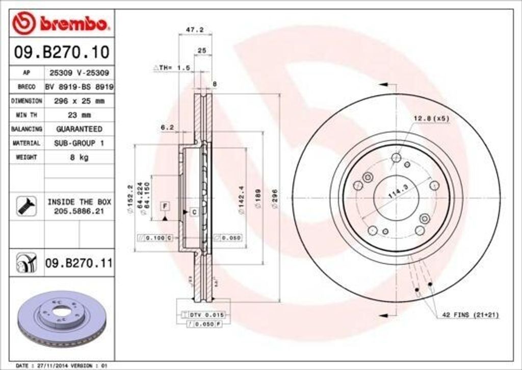 BREMBO 09.B270.10 - OE 45251TL1G00 Bremsscheibe für Accord VIII