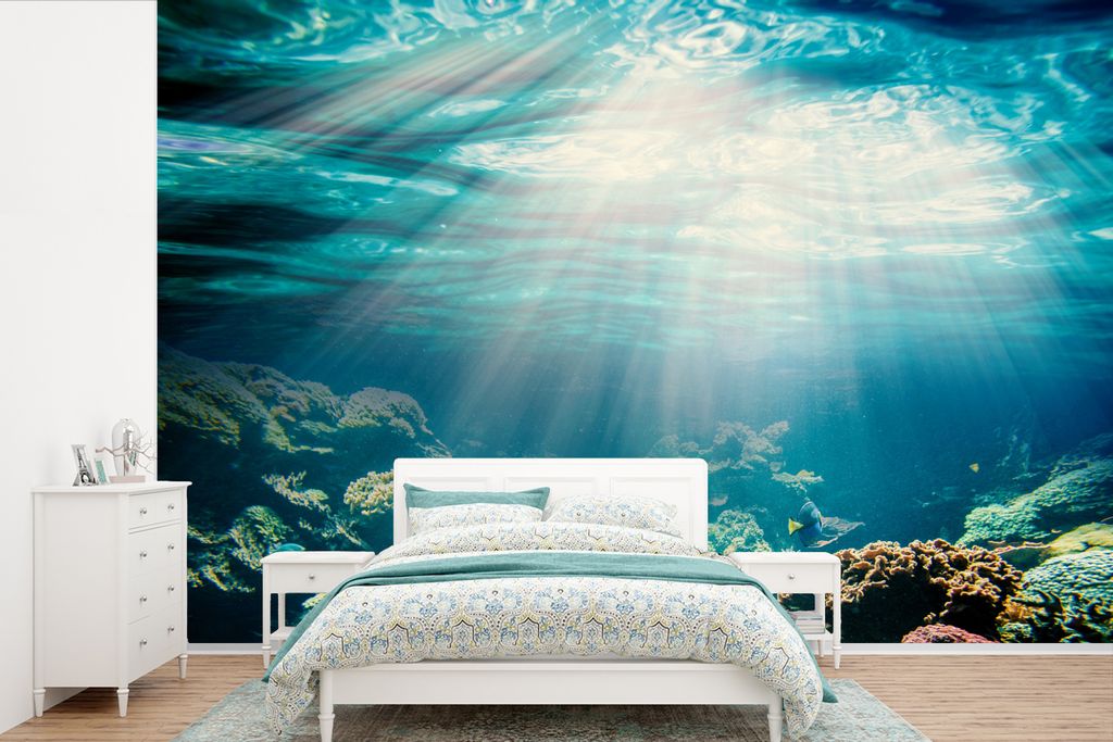 MuchoWow Fototapete für Wohnzimmer oder Schlafzimmer Wandtapete Vinyl Motivtapete Meer - Koralle - Sonne - 450x300 cm - Gemusterte