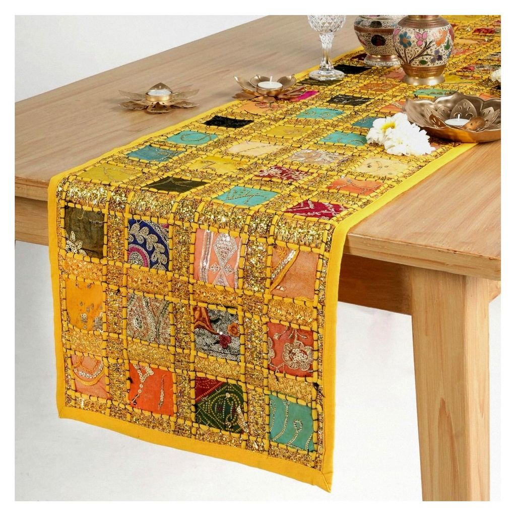 Patchwork Tischläufer aus indischer Baumwolle Gelb 40x182 cm Handbestickt