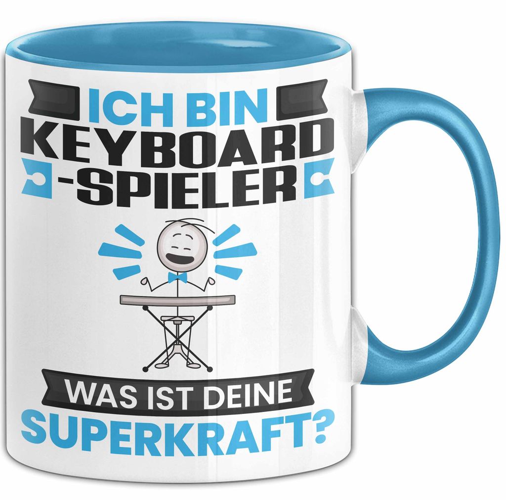 Keyboard-Spieler Tasse Geschenk für Keyboard-Spieler Geburtstag Lustiger Spruch Kaffee-Becher Was Ist Deine Superkraft (Blau)