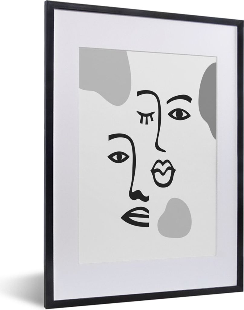 MuchoWow Gerahmtes Poster Gesicht - Schwarz - Weiß 30x40 cm - Poster mit Schwarzem Bilderrahmen Wandposter Rahmen Foto Bilder - Wandposter Schla...