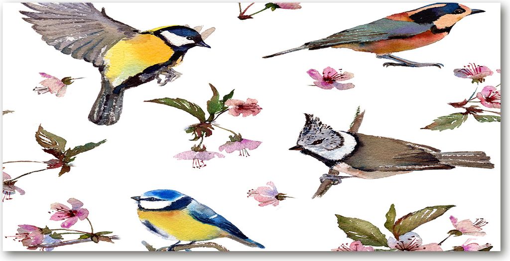 Tulup Glas-Bild - 100x50 -Wandkunst - Wandbild hinter gehärtetem Sicherheitsglas - Tiere - Vögel Kirschblüten - Mehrfarbig