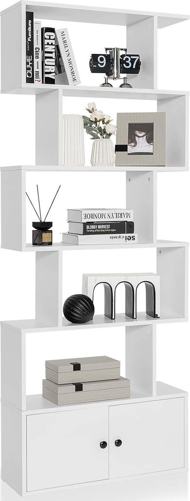 Bücherregal 5 Ebenen mit Schrank, Standregal freistehend aus Holz, Raumteiler Aktenregal mit Kippschutz, Aufbewahrungregal 70x23x183 cm, Holzregal...