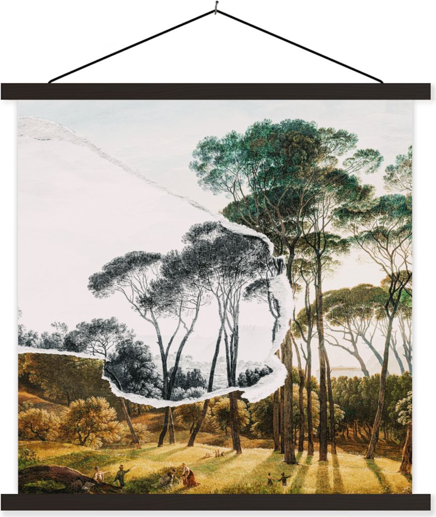 MuchoWow Textilposter Italienische Landschaft Schirmkiefern - Kunst - Hendrik Voogd - Malerei - Schwarz-Weiß - Alte Meister 60x60 cm mit schwarz...