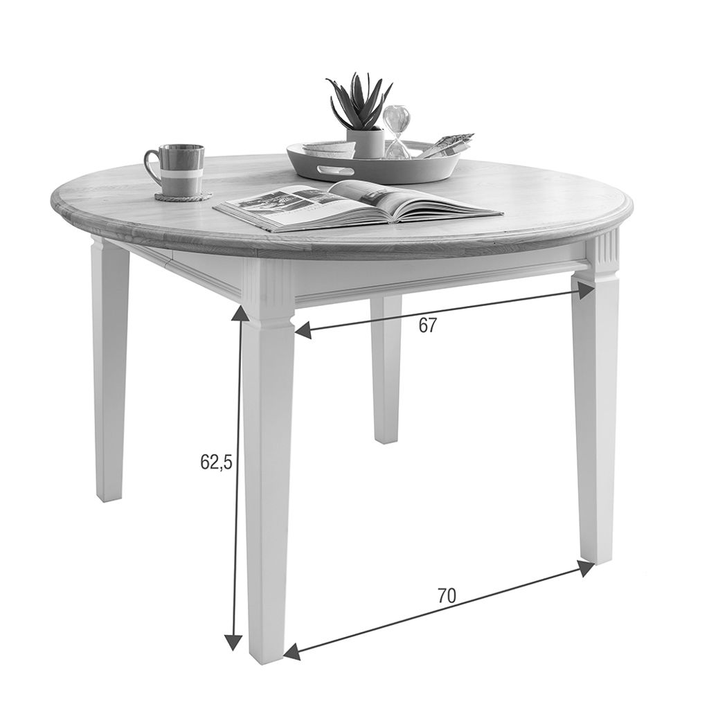 Tisch rund, 120/160x75cm, Kiefer weiß mit Eiche, ESBJERG-69