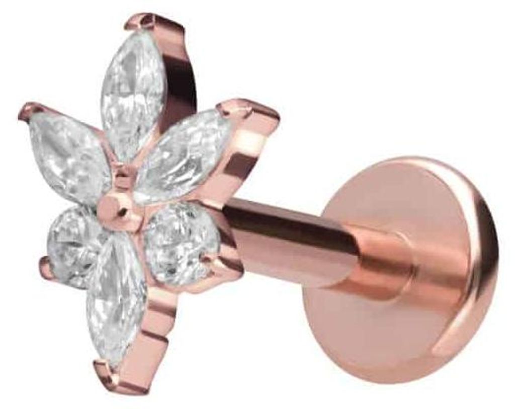 Ohrpiercing, Nasenpiercing Titan Labret mit Innengewinde KRISTALLBLUME RoséGold Stablänge: 5mm | Stabstärke: 1,2mm