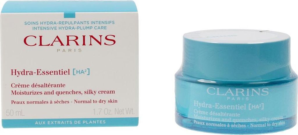 A product shot of a Clarins Hydra-Essentiel cream jar and its packaging.