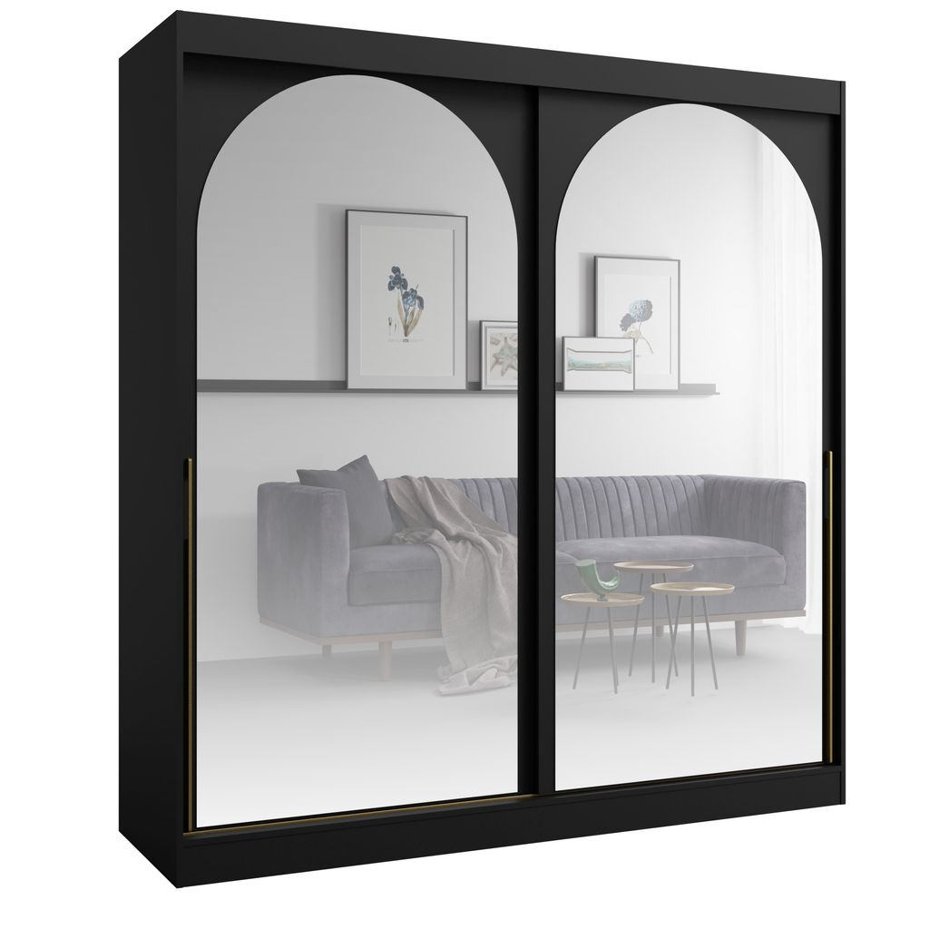 PAWS MÖBEL Schwarz Schiebeschrank 200x215x65 MONIDO mit Spiegeln modern funktionell, Schlafzimmerschrank, Kabinett