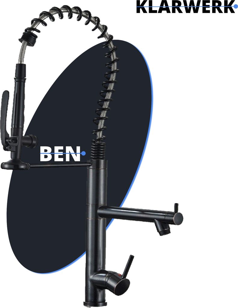 Ben | Gastronomie Schwarz matt Küchenarmatur| Hoch mit Zwei Brausen | Edelstahl Professional Wasserhahn Küche| Doppelspülbecken Restaurant