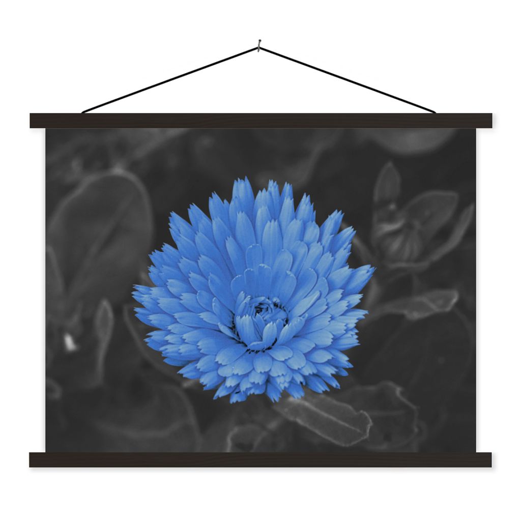 MuchoWow Textilposter Blumen - Schwarz - Weiß - Blau 150x113 cm mit schwarzem Rahmen - Wohnzimmer