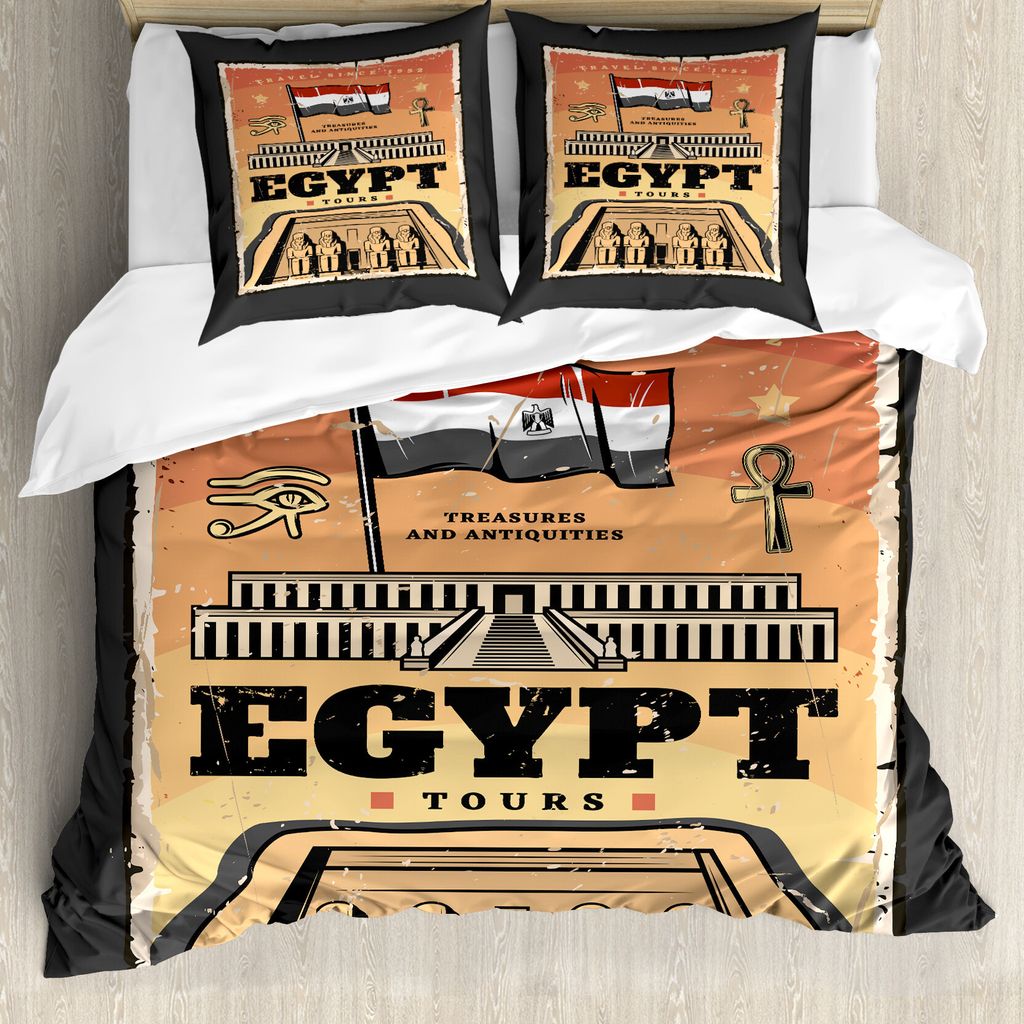 ABAKUHAUS Weinlese-Ägypter Bettbezug Set für Einzelbetten, Exotische Tour-Flagge, Milbensicher Allergiker geeignet mit Kissenbezug, 200 cm x 200 ...