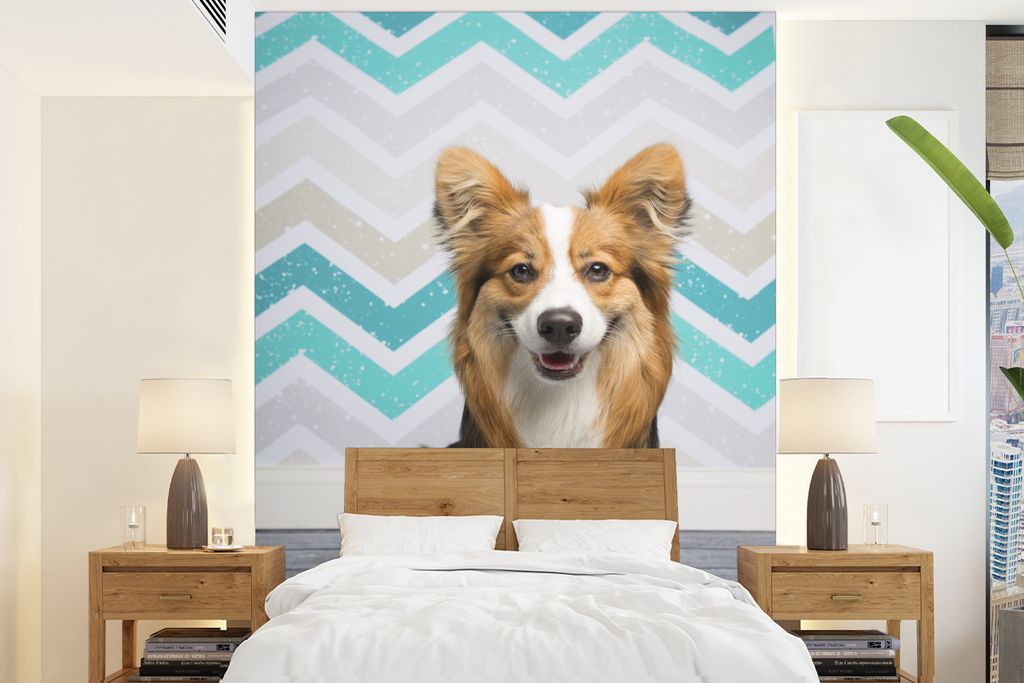 MuchoWow Fototapete für Wohnzimmer oder Schlafzimmer Wandtapete Vinyl Motivtapete Flauschiger Corgi - 205x280 cm - Wandbild