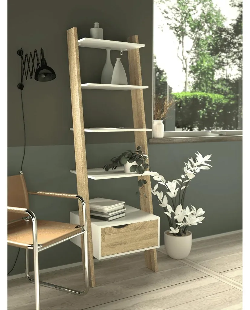 Meuble Bibliothèque Design Scandinave Blanc et Chêne avec Tiroir H180 - 2