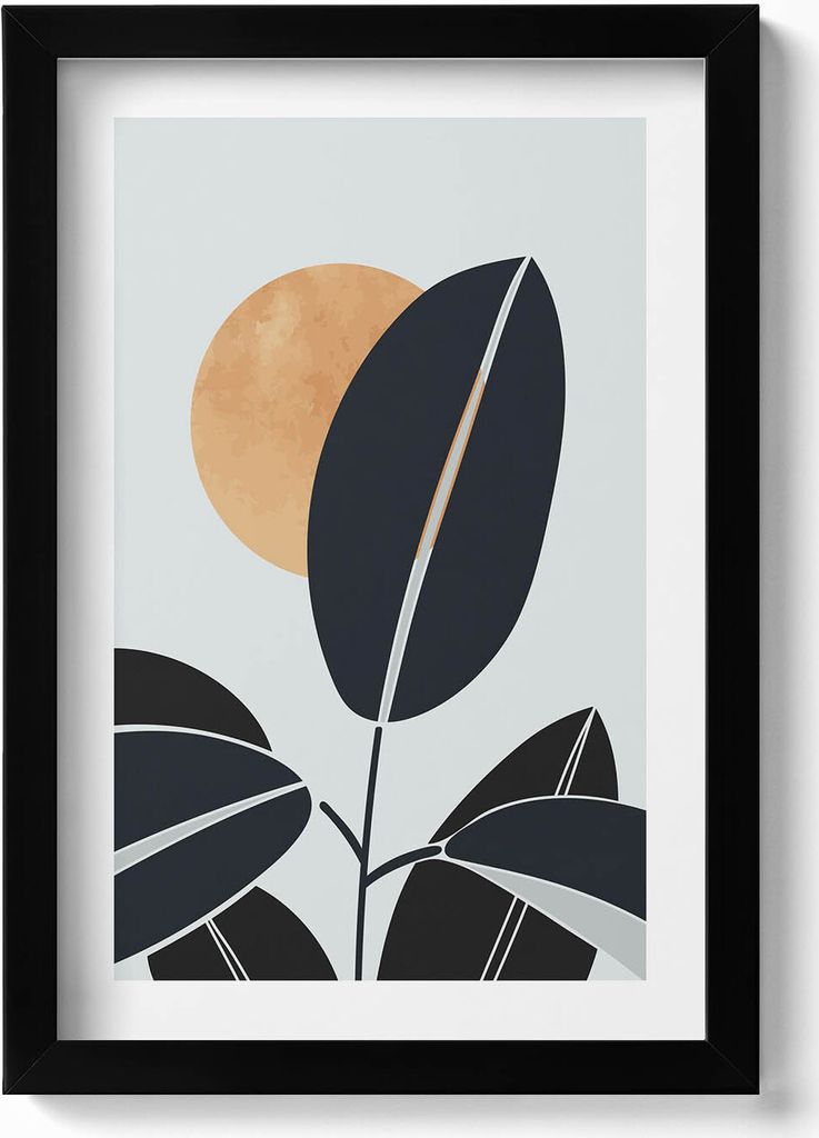 Minimalistische Pflanzen und Sonne im Boho-Stil– Wandbild mit Rahmen – Gerahmtes Bild – Wanddekoration – 20x30 cm – Schwarz
