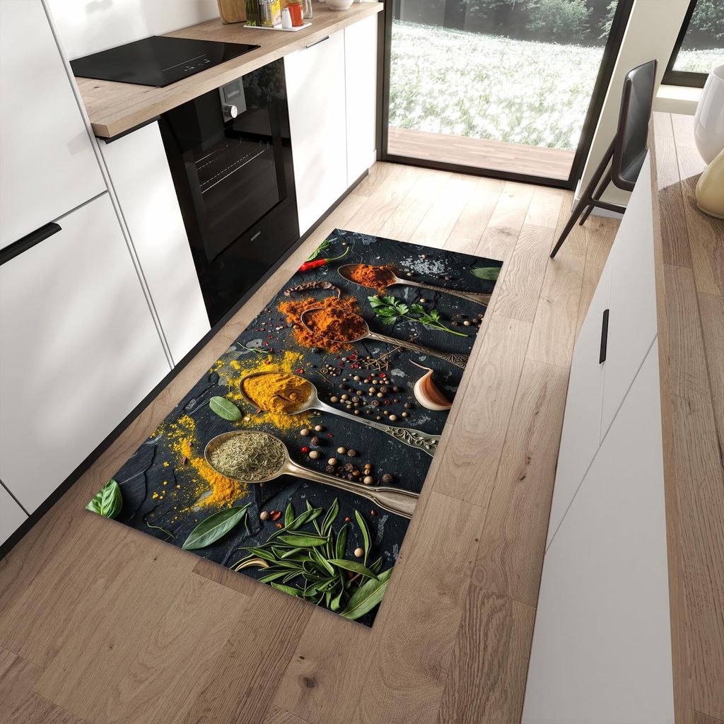 Küchenteppich 90x180cm rutschfest & abwischbar PVC Läufer - Gewürze Löffel Mix