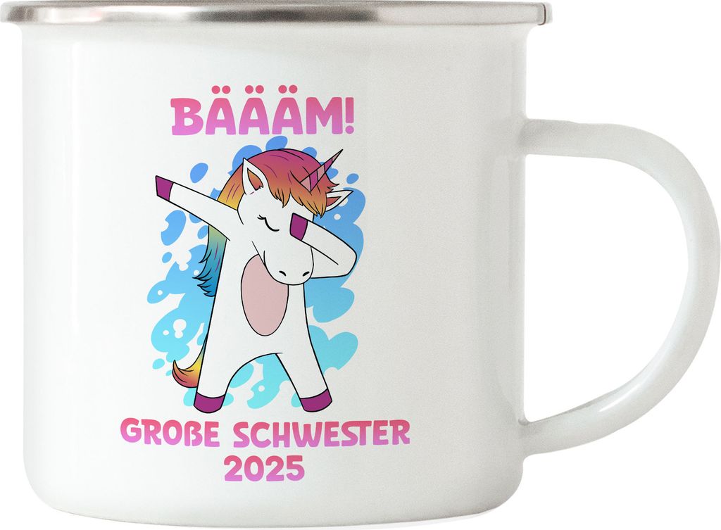 Bäääm Große Schwester 2025 Emaille Tasse Einhorn Schwangerschaft Ankündigung Babyparty Babyshower Geschwister