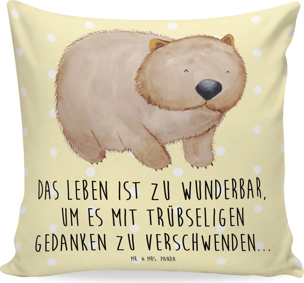 Mr. & Mrs. Panda kuschelkissen 40x40 Wombat - Gelb Pastell - Geschenk, Spruch, Kissen, Das Leben Ist schön, Polster, Tiermotive, Australien, bedru...