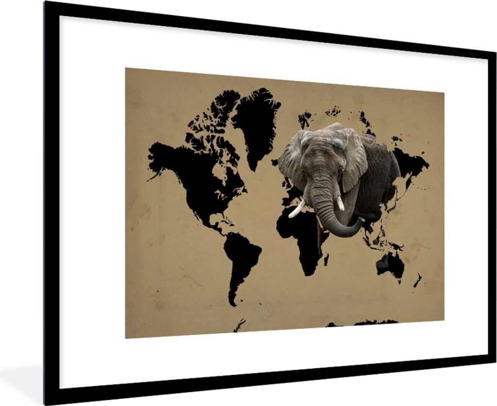 MuchoWow MuchoWow Gerahmtes Poster Weltkarte - Schwarz - Elefant 90x60 cm - Poster mit zchwarzem Bilderrahmen - Wanddekoration - Fotos