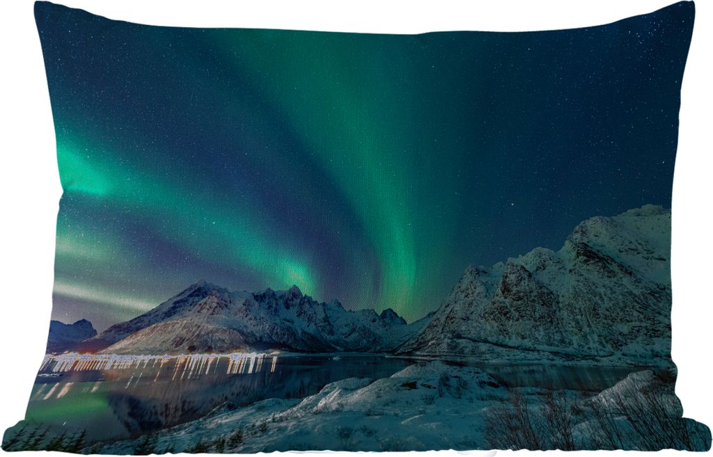 MuchoWow Outdoor Kissen - Nordlicht - Berg - Schnee - Grün - Sternenhimmel - Winter - 60x40 cm - Wetterfest - Lounge Kissen - Zierkissen - Kisse...