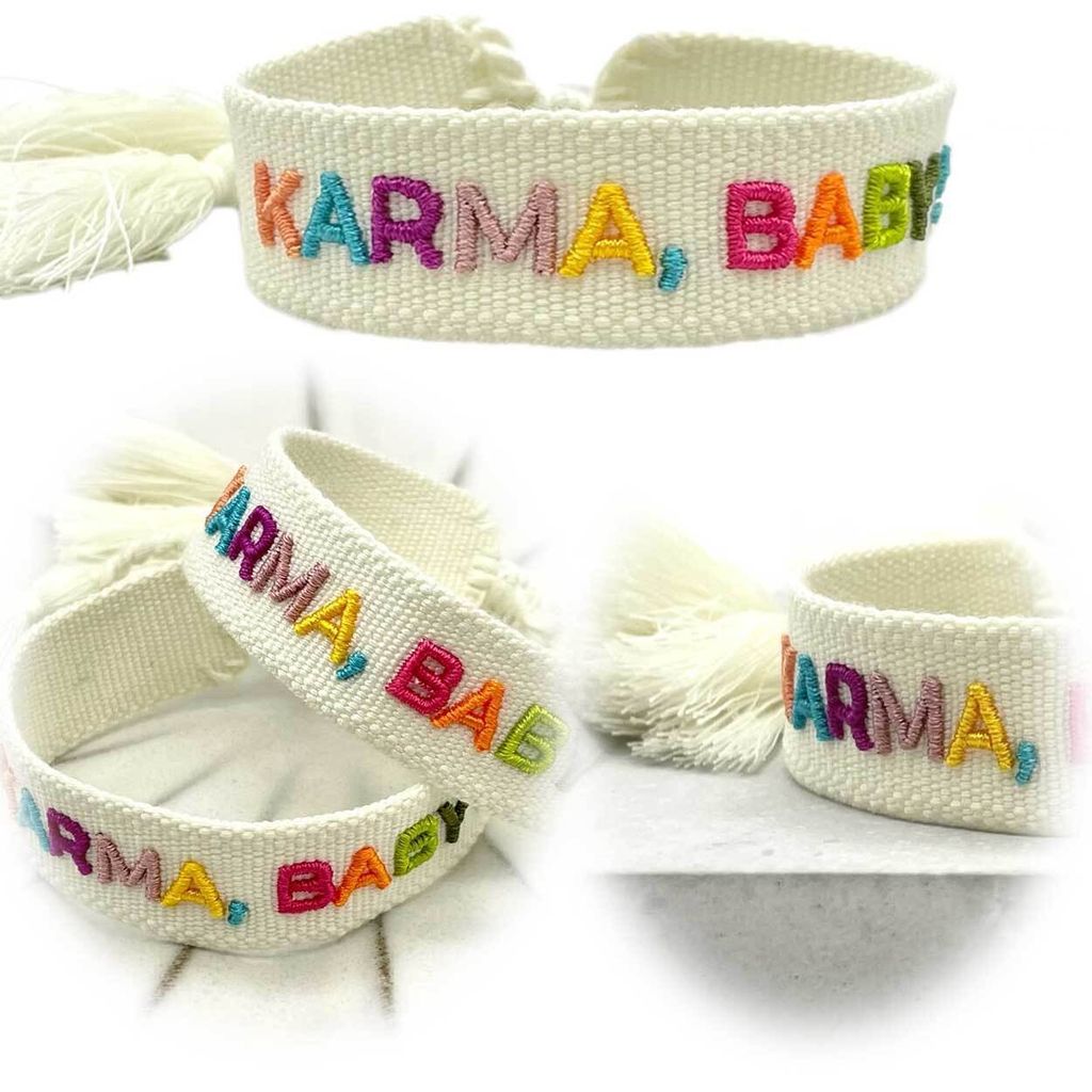 LS-LebenStil Canvas Statement Armband Karma Baby Multi Bunt besticktes Stoffarmband gewebt textiles Quasten Spruch Boho Geschenk Freundschaftsarmband