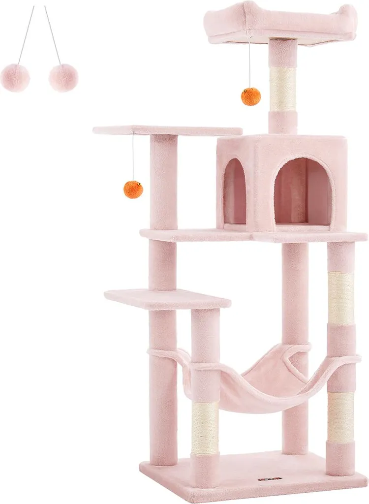 Arbre à chat hauteur 143 cm avec hamac et 2 plateformes rose pastel
