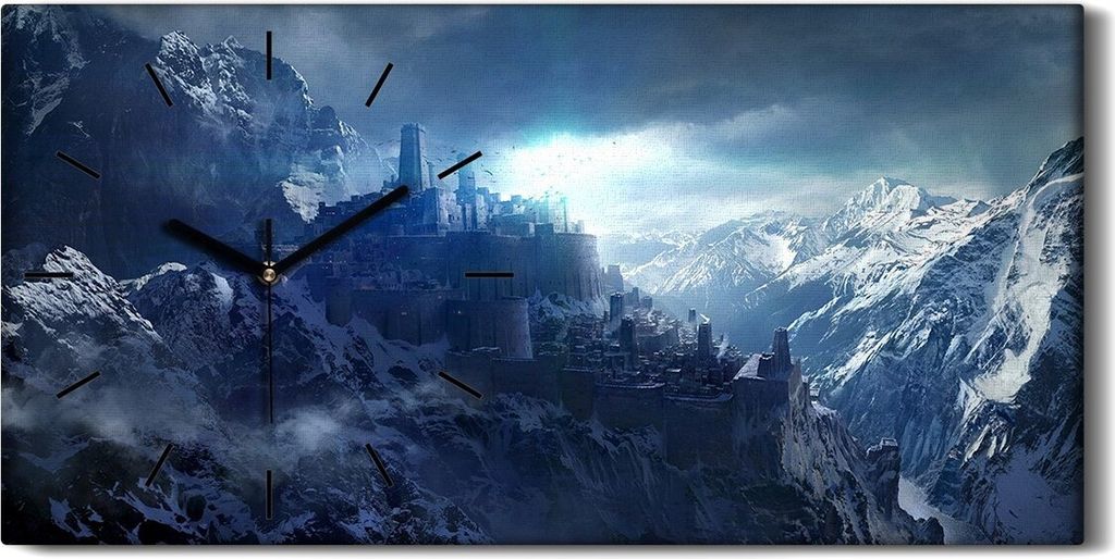 Dekor Leinwand Uhr Wandbilder Quarz 60x30 Schneebedeckte Berge zwischen der Burg - schwarze Hände
