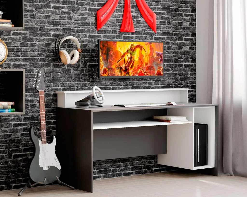 Table de bureau gamer 140 cm Beri blanc et noir pour setup informatique
