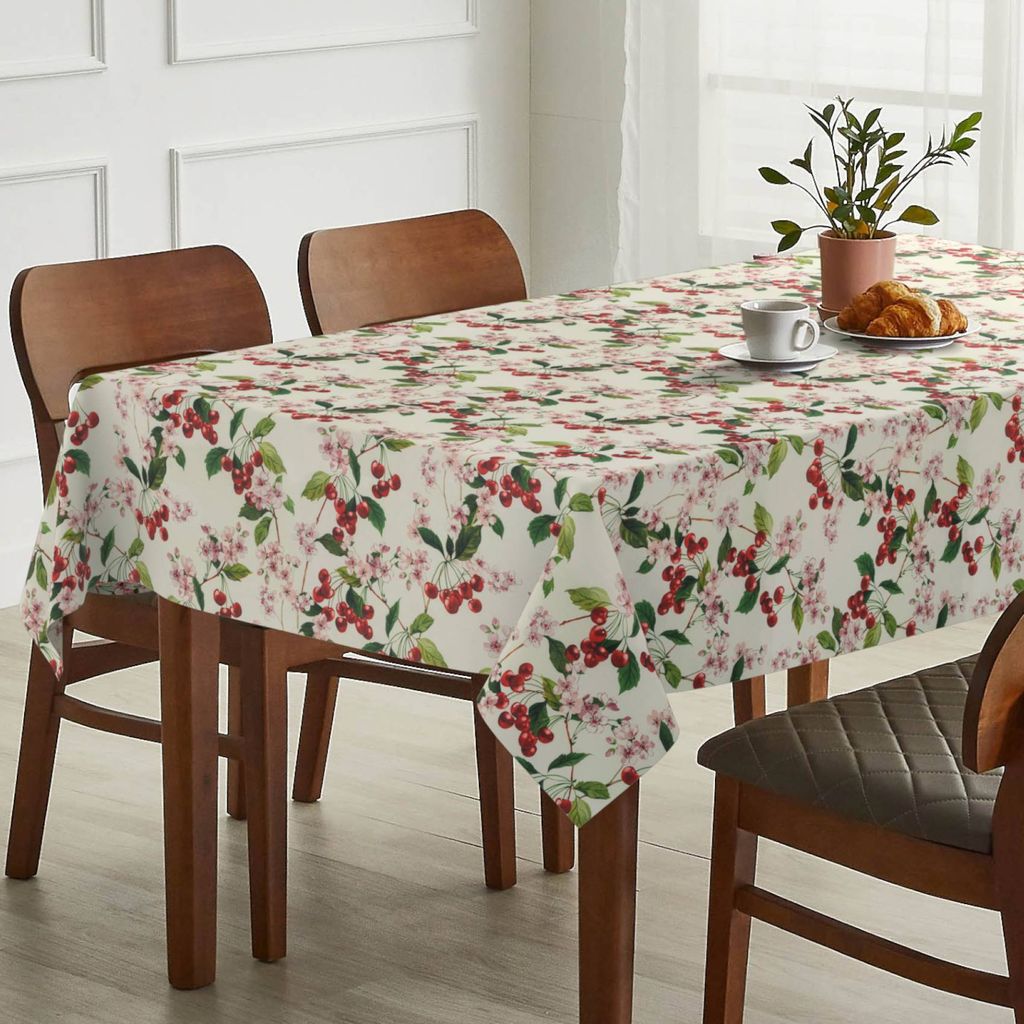 Tischdecke Kirsche aus Stoff mit Digitalprint Tischtuch EasyClean ACRYL Beschichtet Tischwäsche Digitaldruck Weiß 140x220cm mit Schnittkante