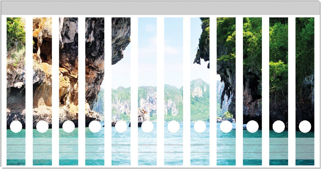 Wallario Ordnerrücken Sticker, selbstklebend für schmale Ordner, 12 Stück, Motiv Felsenschlucht am Meer in Thailand